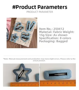 Détail des barrettes en denim en forme d'étoile avec échelle de mesure de taille