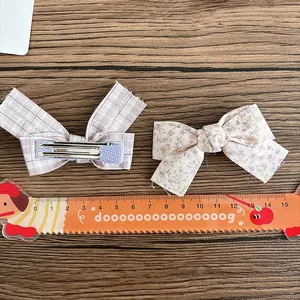 Floral and purple plaid bow hair clips for girls, fabric-covered metal duckbill clips