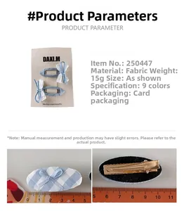Blue fabric plaid bow hair clip set specifications and size measurements on white background