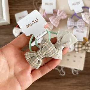 Sweet fabric plaid bow hair ties and floral scrunchies set for girls with cards