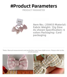 Detail of fabric plaid bow hair ties with 5cm width and card packaging for girls
