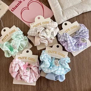 Sweet Plaid Fabric Scrunchies With Bow And Button Handmade Fresh Style Hair Tie For Women Girls Hair Accessories