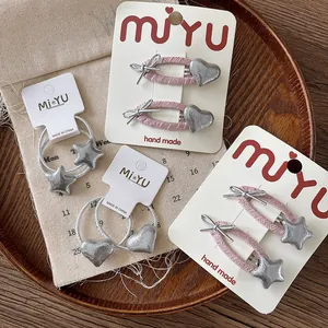 Kinder Süß Rosa Stoff Silber Glänzend Herz Stern Schleife Haarklammern Haargummis Set Für Mädchen Koreanischen Stil Haarschmuck
