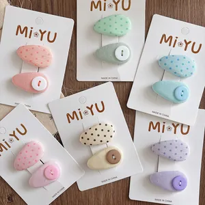 Polka dot and button fabric BB hair clips set for girls in multiple pastel colors