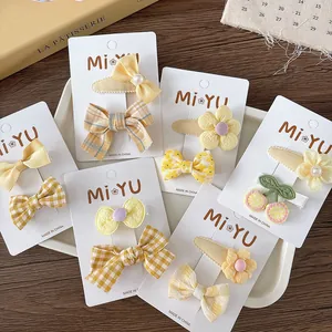 Süße Gelbe Stoffschleife Blumen Haarspangen Set Für Mädchen Kinder Handgefertigte Stoff Haarnadeln Floral Gitter Muster Kleinkind Haarschmuck