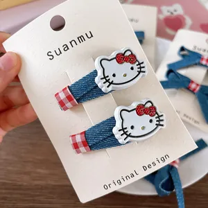 Cute Hello Kitty denim fabric bow hair clips for girls set on display card