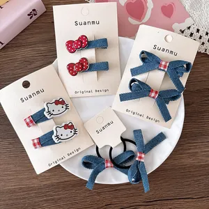 Kids Girls Bowknot Hair Accessories Denim Fabric Hair Clips And Hair Ties Red Polka Dot Plaid Sweet Style Hairwear Set