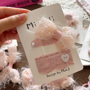 Pink chiffon bow hair clip set with feathers and pearls for girls and sweet styling
