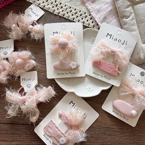 Pink ribbon bow hair clips and elastic hair ties set for girls with pearl accents