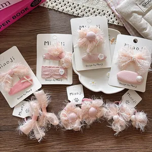 Sweet Pink Mesh Bow Flower Hair Clips And Elastic Hair Ties Set For Girls Women Charming Fabric Floral Hair Accessories