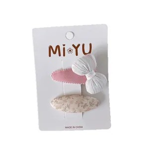 Sweet pink fabric floral bow and striped bb hair clips for girls on display card