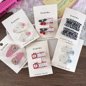 Süße Kinder Stoff Stickerei Haarklammern Blumen Gingham Bär Apfel Muster Snap Clips Mädchen Haarschmuck