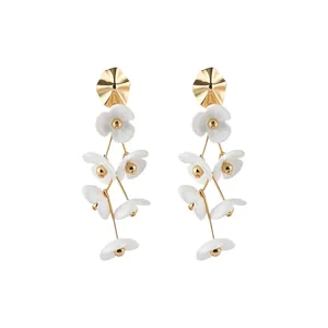Elegant dangling white acrylic flower tassel earrings with gold alloy finish for women