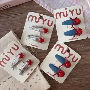 Barrettes Cheveux BB en Tissu Denim Étoile Cœur Rouge Doux Pour Petites Filles Épingles Cheveux Alliage Argent Fait Main Enfants