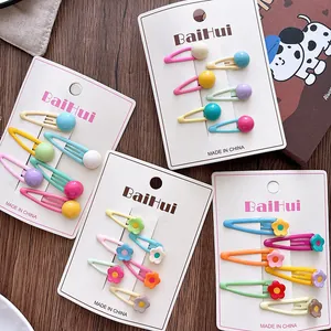 Set of 6 cute candy color flower and ball BB hair clips for girls on display card