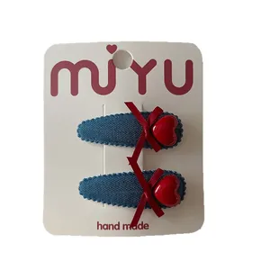 Barrettes à cheveux avec cœur rouge et nœud sur jean bleu pour filles, lot de deux