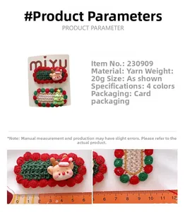 Detailed view of hand-knitted Christmas hair clips with ruler for precise size measurement