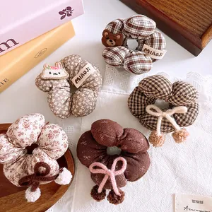 Kids Sweet Brown Checkered Floral Hair Scrunchies With Bow Plush Balls Cute Bear Rabbit Patches Hair Ties Girls Hair Accessories