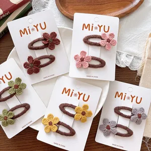 Early Autumn Kids Knitted Flower Hair Clips Handmade Wool Crochet BB Clips Cute Floral Hairpins For Toddler Girls Hair Accessories