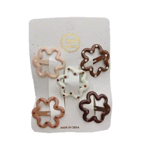 5pcs coffee-toned gradient flower hair clips with polka dots on handmade card set