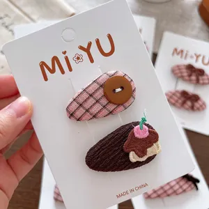 Lot de barrettes à cheveux en tissu rose et marron avec broderie et bouton pour filles