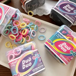 Set mit 100 bunten, hochelastischen Kinder-Haargummis in transparenten Aufbewahrungsboxen