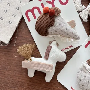Cute handmade check mushroom and pony hair clips for girls in cozy milk coffee tones