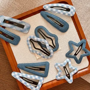 Blue Fabric Wrapped BB Hair Clips For Girls Women Sweet Denim Gingham Star Waterdrop Square Geometric Snap Hair Pins