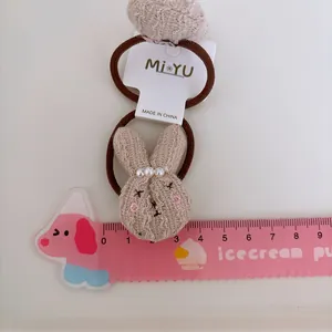 Set of 2 cute knitted rabbit head hair ties with faux pearls on elastic bands
