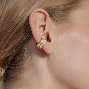 Gros plan détaillé d'un ear cuff en acier inoxydable et zircon doré sur une oreille