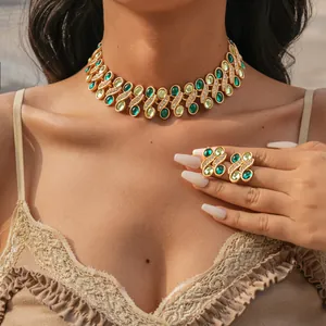 Vintage court style choker necklace and earrings set with green resin and rhinestones