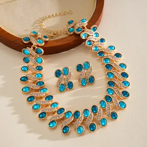 Macro detail of vintage blue resin and rhinestone necklace set in palace style