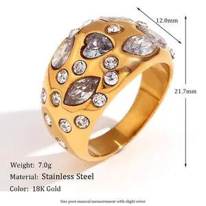 18K gold plated stainless steel teardrop ring with mixed-cut cubic zirconia crystals