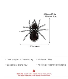Detailed size specifications for vintage silver spider brooch with deep red gemstones