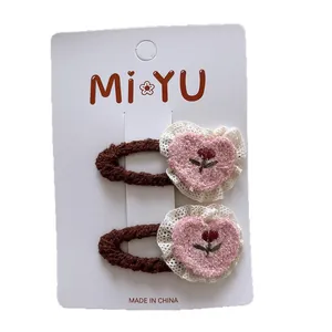 Barrettes à cheveux coeur en tricot rose et marron avec dentelle pour filles
