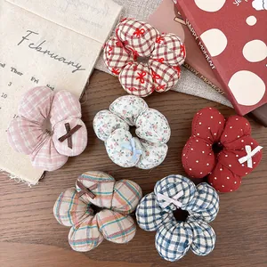Sweet Fabric Flower Scrunchies With Bowknot Plaid Polka Dot Floral Print Hair Ties For Girls Kids Hair Accessories