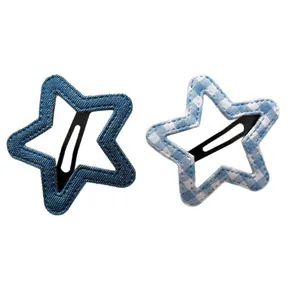 Set of two star-shaped blue denim and plaid snap hair clips for women and girls