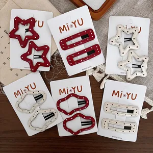 Douces Barrettes à Cheveux en Cuir PU Étoile Rectangle Nuage Clips BB pour Femmes Filles Rouge Beige à Pois Accessoires Set