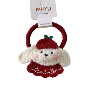 Elastico per capelli a forma di cucciolo lavorato a mano con cappello rosso e fiori