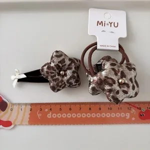 Padded leopard print star hair clip and hair ties set with faux pearl centers