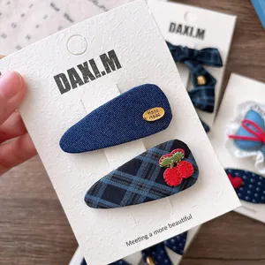 Navy blue plaid hair clip set with cherry embroidery and handmade metal decoration