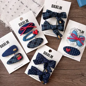 Sweet Preppy Style Navy Blue Plaid Hair Clips For Women Girls Fabric Bowknot Polka Dot Cherry Embroidery BB Clips Handmade Hair Accessories