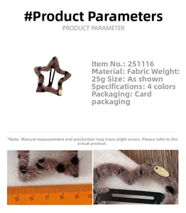 Macro detail of star-shaped leopard print plush hair clips with size and weight specs