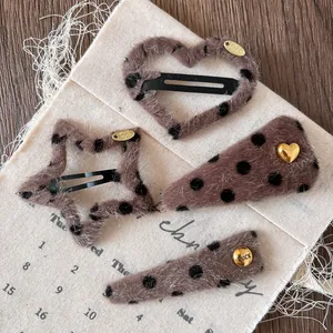 Leopard Print Plush Hair Clips For Women Girls Sweet Cool Polka Dot Heart Star Shape BB Clip Winter Hair Accessories