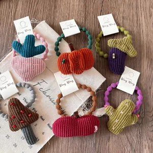 Set of 6 cute velvet elastic hair ties with embroidered cartoon fruit and vegetable shapes