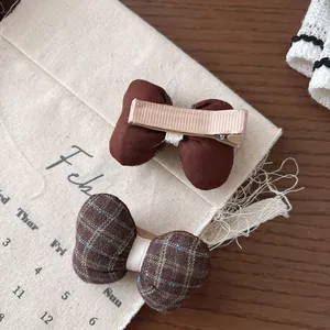 Barrettes à cheveux avec nœuds en tissu uni et à carreaux marron pour enfants