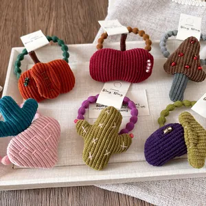 Detailed set of cute corduroy cartoon hair ties featuring fruit and vegetable designs