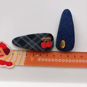 Navy plaid hair clip set with cherry embroidery and handmade denim BB clip