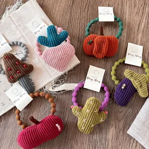 Set of 6 cute embroidered corduroy kids elastic hair ties with plant and fruit designs