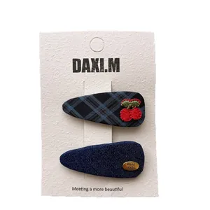 Sweet navy plaid bow hair clips with cherry embroidery and gold metal tag set